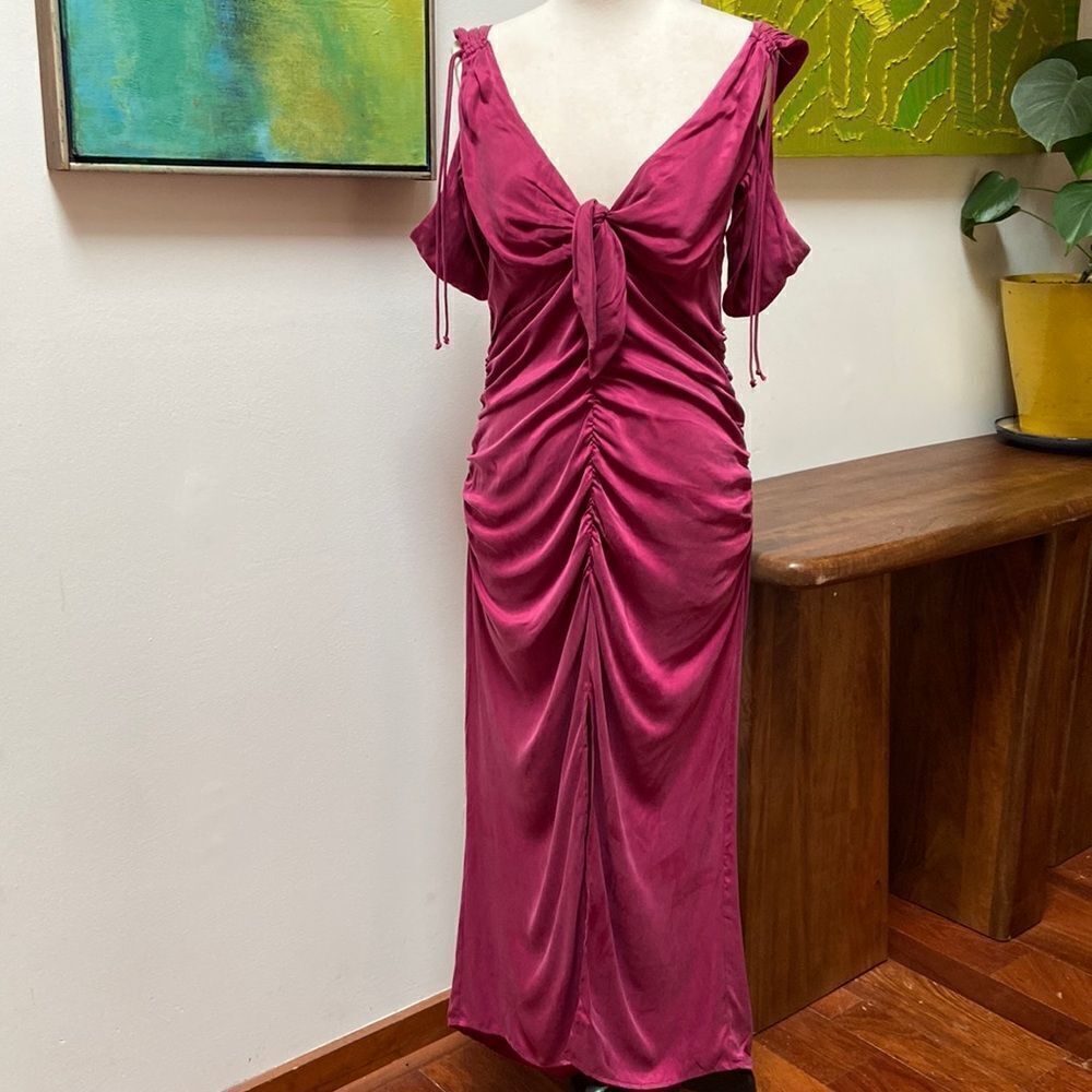 For Love & Lemons Beth Midi Dress Dark Magenta Pink w Draped Sleeves Large NWT - Picture 4 of 12